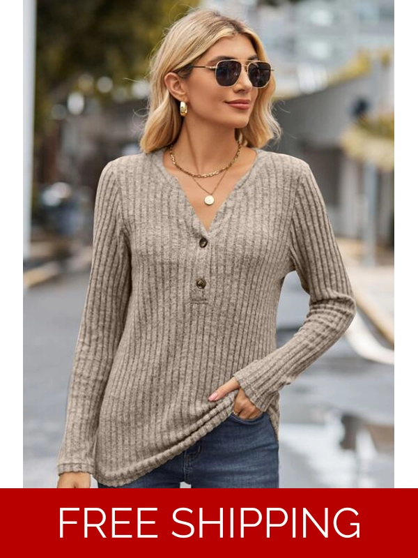 Ribbed Half Button Long Sleeve Knit Top